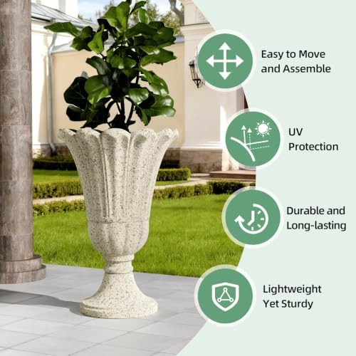 Tall Plastic Urn Planters and Pedestal - 24" Outdoor Planter Beige - Image 6