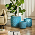 9 Inch Ceramic Planters, Set of 3, Antique Blue Geometric by Noeko