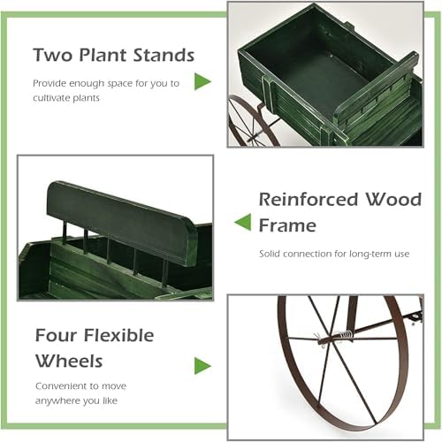 DORTALA Wood Wagon Planter, Outdoor Garden Flower Planter Cart with Wheels, Small Decorative Wood Raised Bed Plant Pot Box Stand for Backyard, Patio, Balcony, Green - Image 6