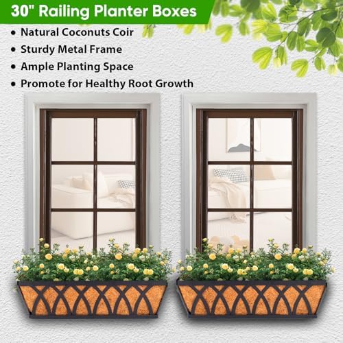 HKZ Deck Balcony Railing Planter Window Boxes - 2 Pack 30 Inch Planter Box, Balcony Planters Railing Hanging, Window Boxes Outdoor Fence Planters - Image 2