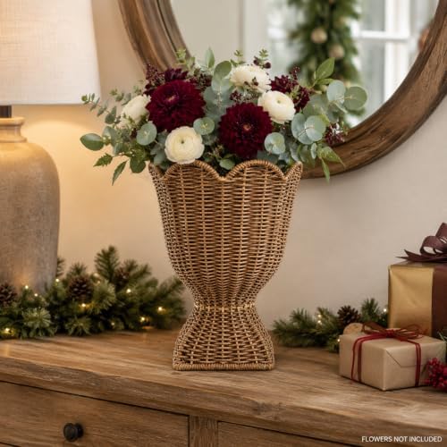 Brown Woven Rattan Urn-Style Planter with Scalloped Rim - Image 3