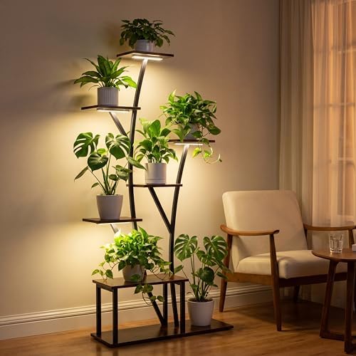 Quikraen 7 Tier Tall Plant Stand with Grow Light For Indoor Plants Growing 60in Indoor Flower Stand Tree-Shaped Plant Shelves for Living Room Patio Black - Image 4