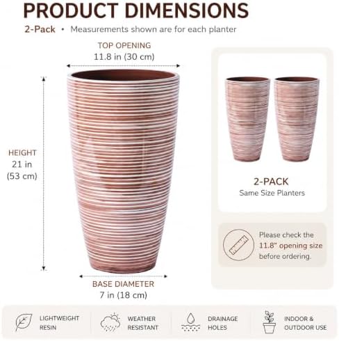 SUN-E Tall Planters for Outdoor Plants 2Pack, 21-Inch Large Striped Planter with Removable Insert Shelf,Ribbed Coffee&Milk Finish Tall Flower Pots for Front Porch Deck Boho Home Decor For Plant Lovers - Image 6