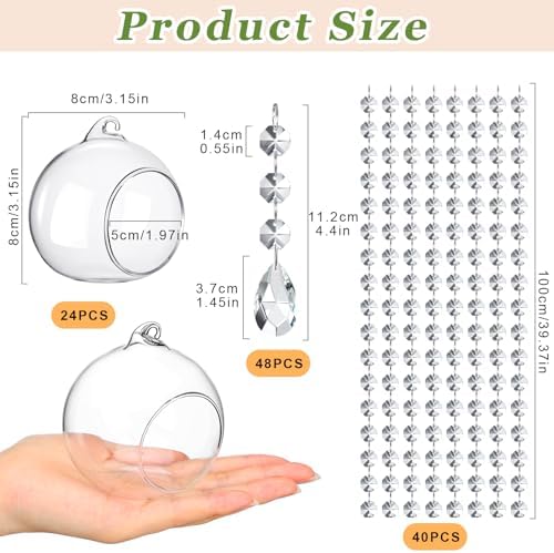 GlikCeil 112 Pcs 3.15'' Hanging Glass Tealight Holder Globe with K9 Crystal Garland Strands,Teardrop Pendant Hanging Tealight Candle Holder Orbs Air Plant for Wedding Centerpiece Party Decor (Clear) - Image 3