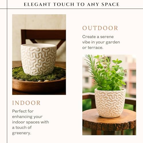 Ceramic Planter Pot with Drainage Hole, Modern Textured Indoor Plant Pot, Decorative Cream Ceramic Planter for Succulents, Herbs & Small Plants, Minimalist Stoneware Flower Pot for Home Decor Set of 2 - Image 6