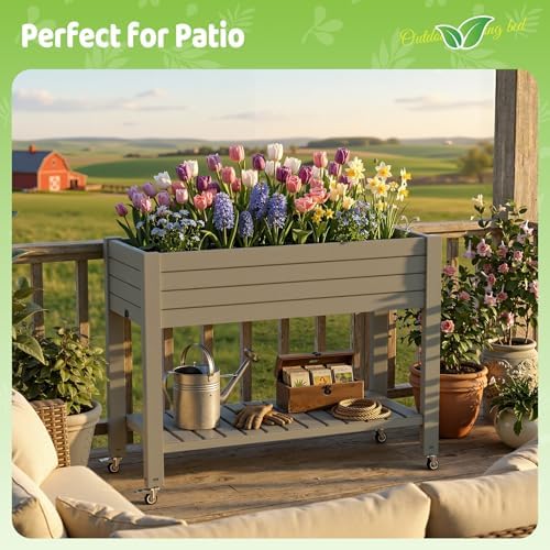 Elevated Raised Garden Bed,Outdoor Large Planter Box with Wheels & Shelf for Backyard Balcony,Dust-Proof Resin Patio Raised Bed for Herbs Flowers Vegetables(Grey) - Image 6