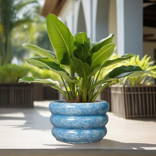 SQOWL Ceramic Plant Pot Indoor with Drainage Hole 13.5 Inch - Large Outdoor Planter Ceramic Flower Pot Modern Round Planter Decorative Plant Pot for Outdoor Porch Decor Blue - Image 5