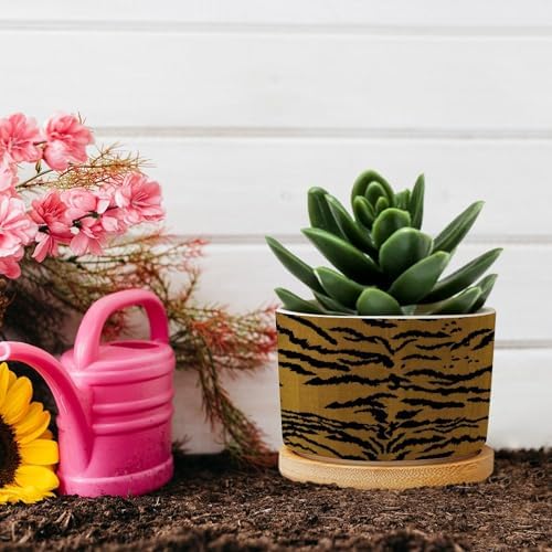 Tiger Fur Skin Ceramic Planters Animal Strip Print Planters for Indoor Plants with Drainage Holes and Saucers Pot for Succulents Cactus Garden Windowsill - Image 5