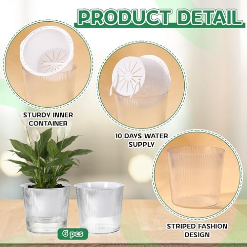 6 Pack Self Watering Pots for Indoor Plants Plastic Vertical Ribbed Semi Transparent Planters, Dual Layer Reservoir for Indoor Succulents Herbs Pothos(Clear, White,6.5 x 5.9 Inch) - Image 3