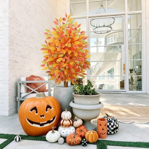 GTIDEA 2 Pcs 4 ft Artificial Autumn Ficus Tree with Pot Fall Tree for Porch - Image 4
