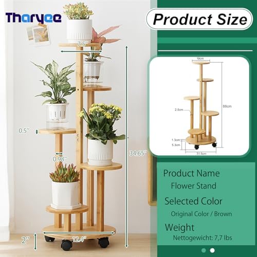 5 Tier Plant Stand Indoor Wood Shelf Corner Rack with Wheels, Wood Color - Image 2
