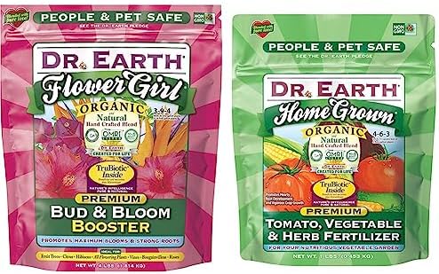 Dr. Earth GL61100518430 Fertilizer & Soil 707P Organic 8 Bud & Bloom Fertilizer in Poly Bag, 4-Pound, 4 lb, Natural & 73416 1 lb 4-6-3 MINIS Home Grown Tomato, Vegetable and Herb Fertilizer by Dr.+Earth