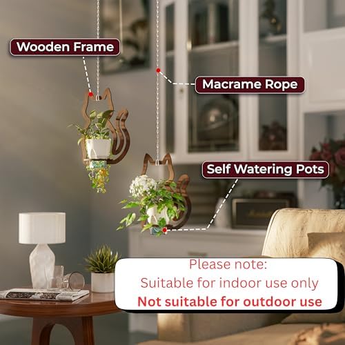 EIGEN Hanging Planters for Indoor Plants - with Self Watering Pots for Indoor Plants (Included), Comes with Macrame Plant Hanger Cord, Cat Decor Planters with Plant Pots (2 Set) - Image 2