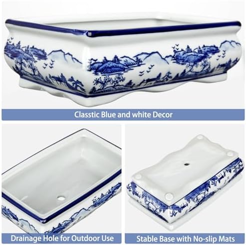 Villa Como 9" Large Blue and White Ceramic Bonsai Pot with Drainage Hole - Image 3