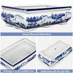 Villa Como 9" Large Blue and White Ceramic Bonsai Pot with Drainage Hole - Image 3
