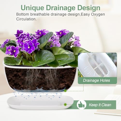 Oliz Set of 8 White Oval Shallow Herb Garden Planters with Drainage Holes and Trays (8.66 Inch) Plant Pots for Herbs Basil Orchids Succulents, Modern Herb Garden Planter for Indoor/Outdoor Plants - Image 4