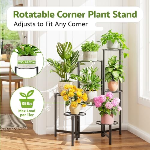 7 Tier Metal Patio Plant Stand Outdoor, Heavy Duty Flower Stands for Indoor Plants, Floding Tall Corner Shelf for Diaplay Racks for Home Decor, Graden, Balcony -BlackDiamond - Image 2