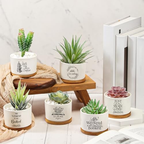 Havawish 12 Pcs Book Lovers Gifts Ceramic Succulent Pots Bamboo Tray,Cute - Image 3