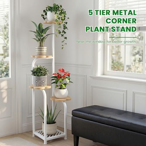 TOSKING Tall 5-Tier Wood Plant Stand Indoor, Cloud Shelves, Oak & White - Image 5