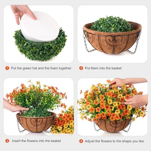 HyeFlora Artificial Fake Hanging Mums Plants Flowers Basket for Fall Autumn Outdoor Decor, Faux Silk Orange Dasiy Flower Look Real UV Resistant for Outside Porch Home Patio Garden Decoration - Image 6