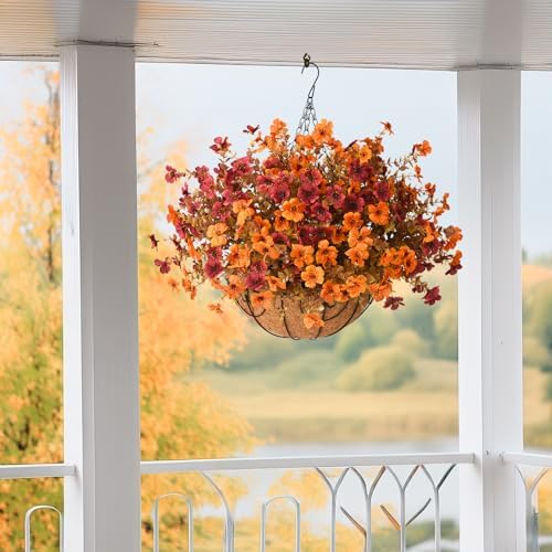 Artificial Fall Hanging Flowers Basket, UV Resistant Mums for Outdoors - Image 4