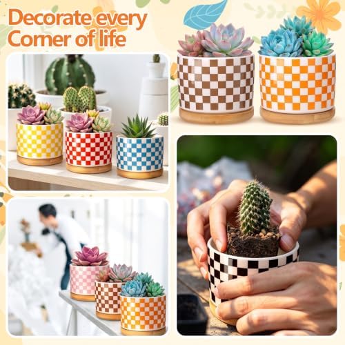 Threehoney 12 Pcs 3.14" Ceramic Succulent Pot with Drainage Hole, Plaid - Image 7