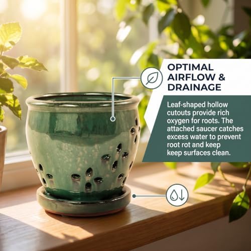 Ceramic Orchid Pot with Drainage Holes and Saucer, Vent Holes，Blue：5.9 Inch - Image 4