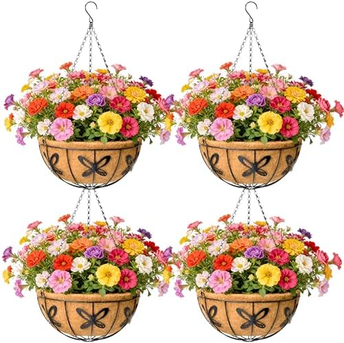EIMQUVW Outdoor Metal Hanging Planters Basket (4pack, 14 inch) Hanging Baskets for Plants Chain Round Wire Plant Holder with Coco Fiber Liners for Garden, Patio, Deck, Porch(Butterfly) by EIMQUVW