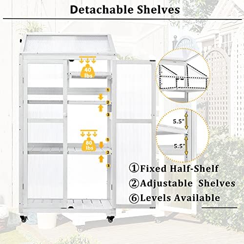 Portable Greenhouse Balcony Wood Polycarbonate Cold Frame Greenhouse Cabinet with Removable Wheels and Adjustable Shelves for Outdoor & Indoor Use - Image 4