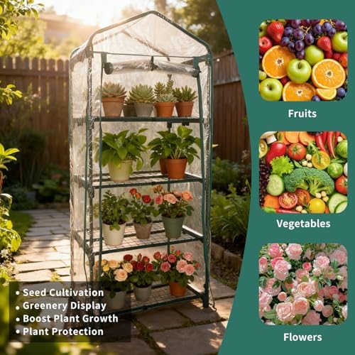 4 Tier mini Indoor Greenhouse Upgraded with Shelf Clips,27"x19"x62" Greenhouse for Indoors&greenhouses for Outdoors with PVC Cover and Roll-Up Zipper Door - Image 6
