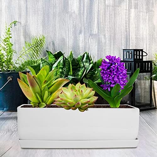 Vencer 14 Inch Rectangular Modern Minimalist Ceramic Succulent Planter Pot - Window Box with Saucer,Office Desktop Potted Stand,White,VF-0173W - Image 7