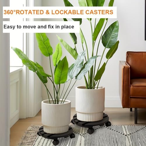 2Pcs Plant Roller Stand with Lockable 360° Rotating Wheels Wood Flowerpot Tray for Potted Plants Easy Assembly Round Plant Base for Indoor Outdoor Planters Whiskey Barrels - Image 3