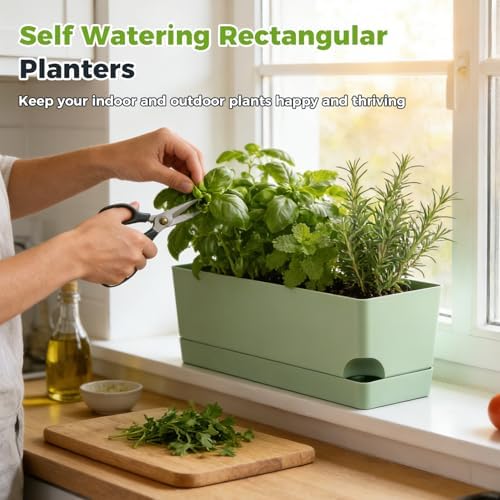 4 Pack Self Watering Pots for Indoor Plants 17 Inches Window Boxes Planters Rectangular Flower Pots Rectangle Herb Pots Large Plant Pots with Drainage Holes and Saucers Windowsill Planter, Green - Image 2