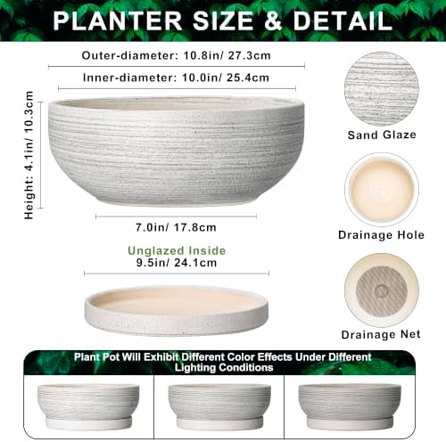10 Inch Ceramic Bonsai Tree Pots with Saucer, Brushed Grey - Image 2