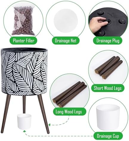 D'vine Dev 16 Inch Planter Pot with Wood Stand, White/Grey, 88-L-E-7 - Image 4
