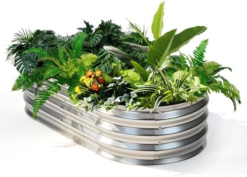 NEWBULIG 4x2x1ft Heavy-Duty Oval Galvanized Raised Garden Bed Outdoor, Metal Planter Box for Vegetables/Flowers/Herbs, Raised Flower Bed for Gardening, Open Bottom, Easy Assembly, Safe Edges by NEWBULIG