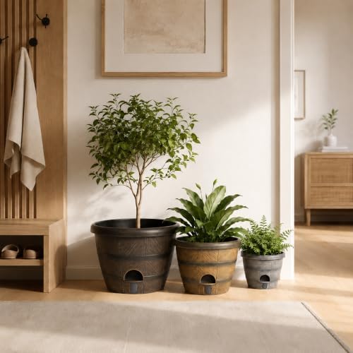3 Pack Self Watering Pots for Indoor Outdoor Plants,Orchid Pot,Whiskey Barrel-Style Round Resin Planter with Water Level Indicator Reservoir,Drainage Hole,Decorative Flower Pots(10/8/6 Inch) - Image 2
