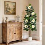 5FT Artificial Fiddle Leaf Fig & Magnolia Tree with White Blooms, White - Image 7