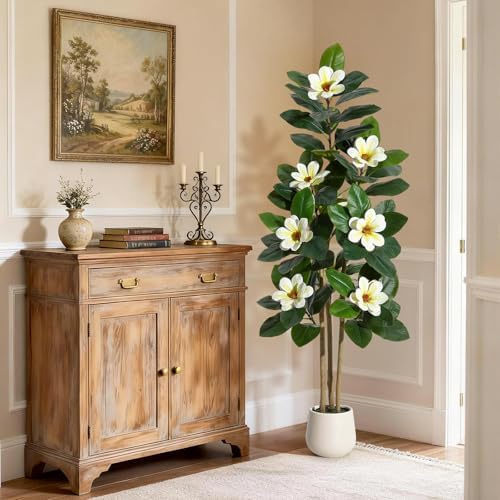 5FT Artificial Fiddle Leaf Fig & Magnolia Tree with White Blooms, White - Image 7