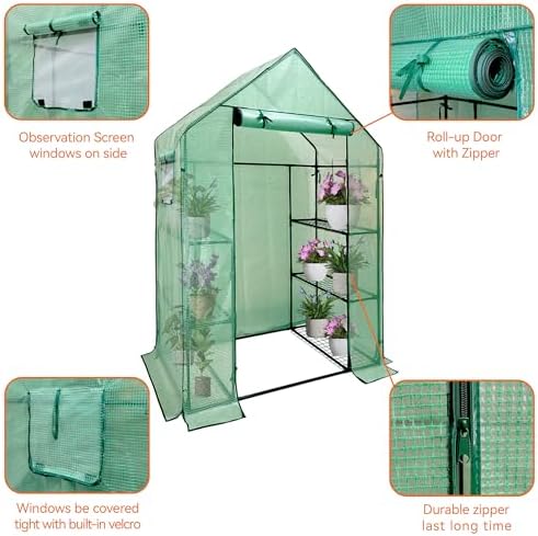 Heyfurni Walk in Greenhouse with Shelves,Walk-in Plant Green House with Durable Green PE Cover, 3 Tiers 6 Shelves Stands with Ground Pegs & Ropes for Stability, 56"x28"x76" - Image 4