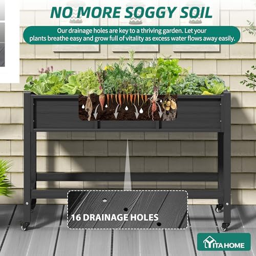 YITAHOME Raised Garden Bed HDPE, 47x18x31 in Raised Planter Box with Legs Poly-Wood Weather-Resistant Elevated Planter Box with Lockable Wheels for Vegetables, Black - Image 2