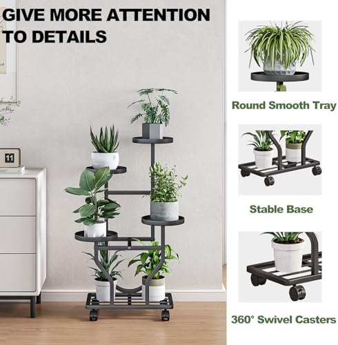 Plant Stand with Wheels, Black 4 Tier Metal Plant Shelf for Indoor Outdoor - Image 4
