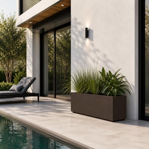 PolyStone Milan Modern Outdoor/Indoor Rectangular Trough Planter - 46" x 17" x 19" H - Lightweight Weather Resistant Stone-Look Resin Planter - Commercial & Residential - Chocolate Brown - Image 4