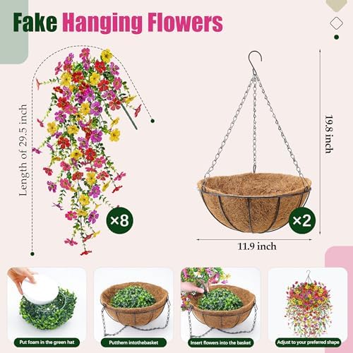 Der Rose 2Pcs Artificial Hanging Flower Basket for Outdoors Fake Hanging Flowers Plants with 4 Faux Silk Trailing Vines for Porch Patio Balcony Spring - Image 3