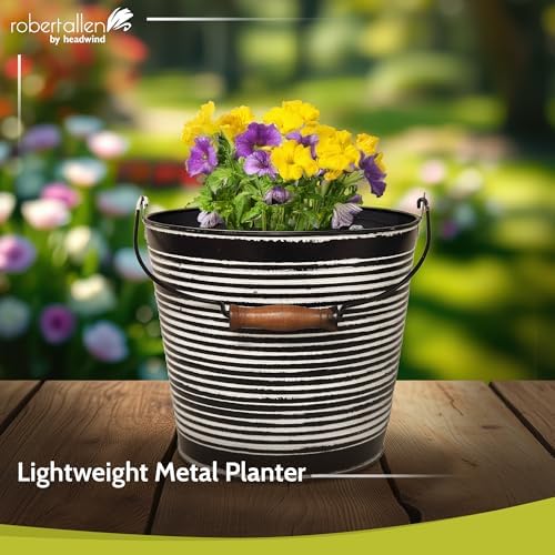 Headwind Vintage Ribbed Metal Planter with Handle, 10-Inch, Charcoal – Metal Flower Pot & Decorative Bucket Planter, Rustic Metal Outdoor Planter with Drainage Hole for Indoor Plants & Outdoor Garden - Image 3