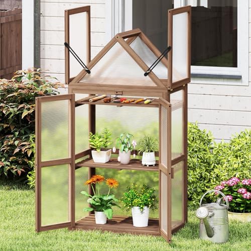 Giantex Garden Cold Frame, Mini Greenhouse Storage Shelves w/ Transparent Flip-Top Roof & 3 Adjustable Shelves, Indoor & Outdoor Use for Garden, Patio, Balcony - Image 3
