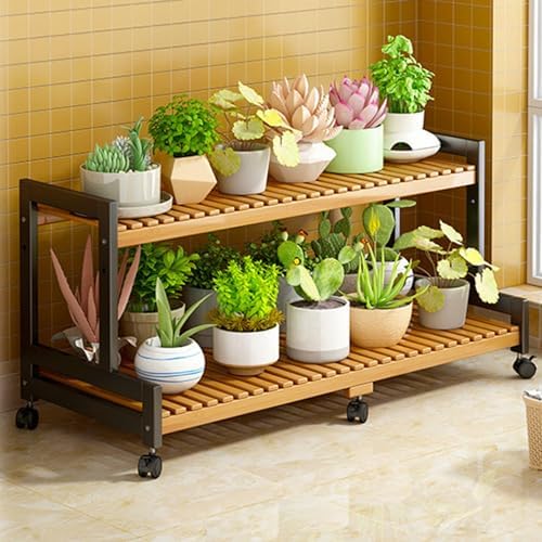 Plant Stand, Bamboo Ladder Shelf Display Shelf, Multi-Tier Planter Holder with wheel for Home Garden Patio Balcony Indoor Outdoor Use,120*40*65cm by Unknown
