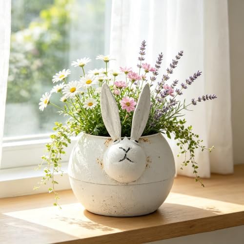 Rustic Metal Bunny Flower Pot, Distressed White Metal Rabbit Succulent Planter, Cute Planter Pot for Indoor Outdoor Home Garden Decor, Farmhouse Bunny Plant Holder by Unknown