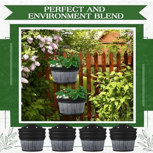 12 Pcs Wall Hanging Planters Outdoor Wine Barrel Planter Distressed Oak Thickened Plastic Water Storage Flower Pots for Plants Flower Indoor Outdoor Railing Fence (Black,10 Inch) - Image 4