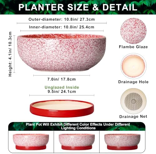 Bonsai Pots 10 Inch, Ceramic Succulent Planters, Texture Red - Image 2